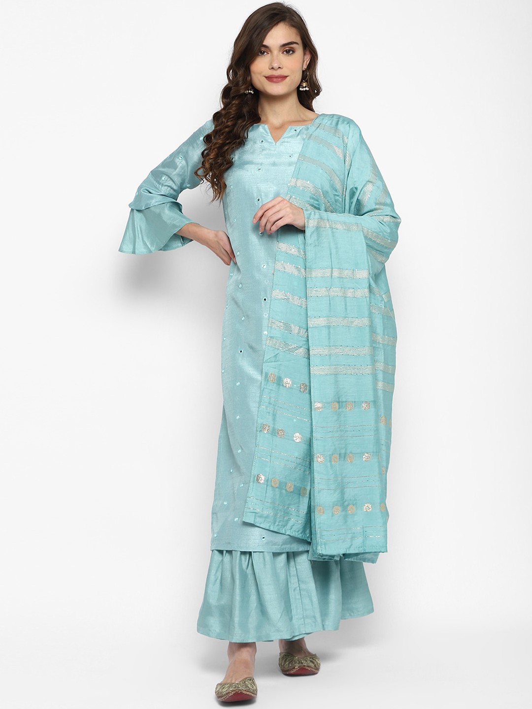 

VAABA Women Blue Embroidered Mirror Work Kurta with Sharara & With Dupatta