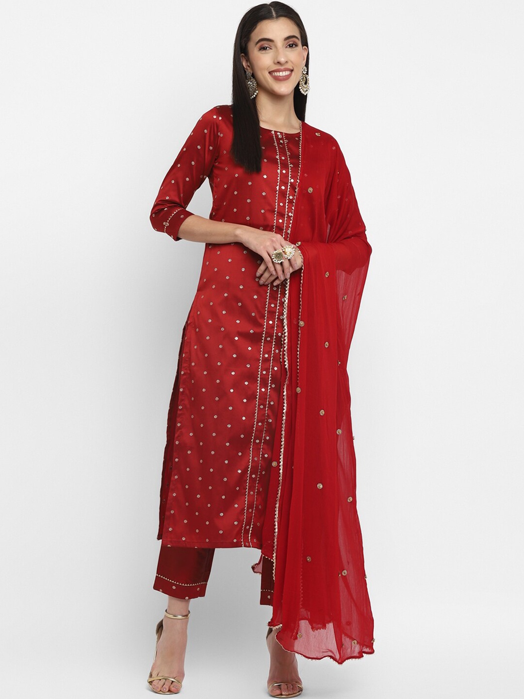 

VAABA Women Red Ethnic Motifs Printed Gotta Patti Kurta with Trousers & Dupatta