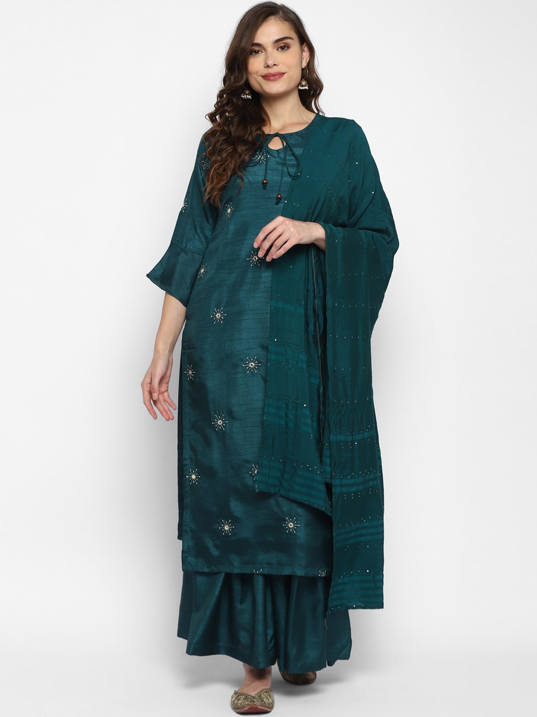 

VAABA Women Green Embroidered Mirror Work Kurta with Sharara & With Dupatta