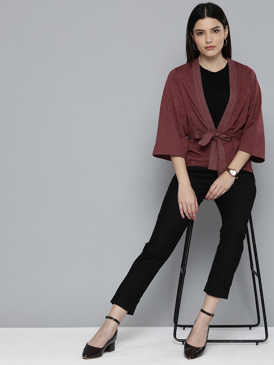 

Chemistry Women Maroon Solid Pure Cotton Tie-Up Shrug