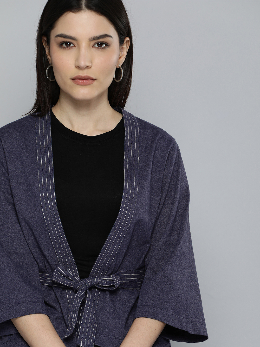 

Chemistry Women Navy Blue Solid Kimono Tie-Up Shrug