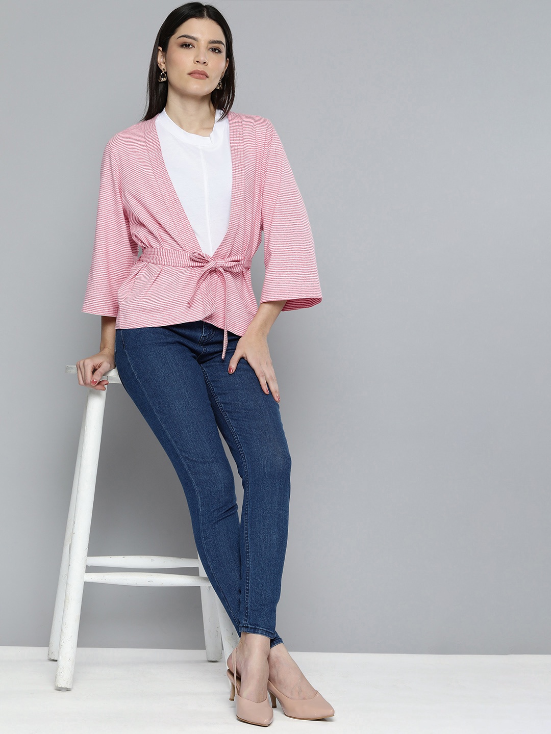 

Chemistry Women Pink Striped Kimono Tie-Up Shrug