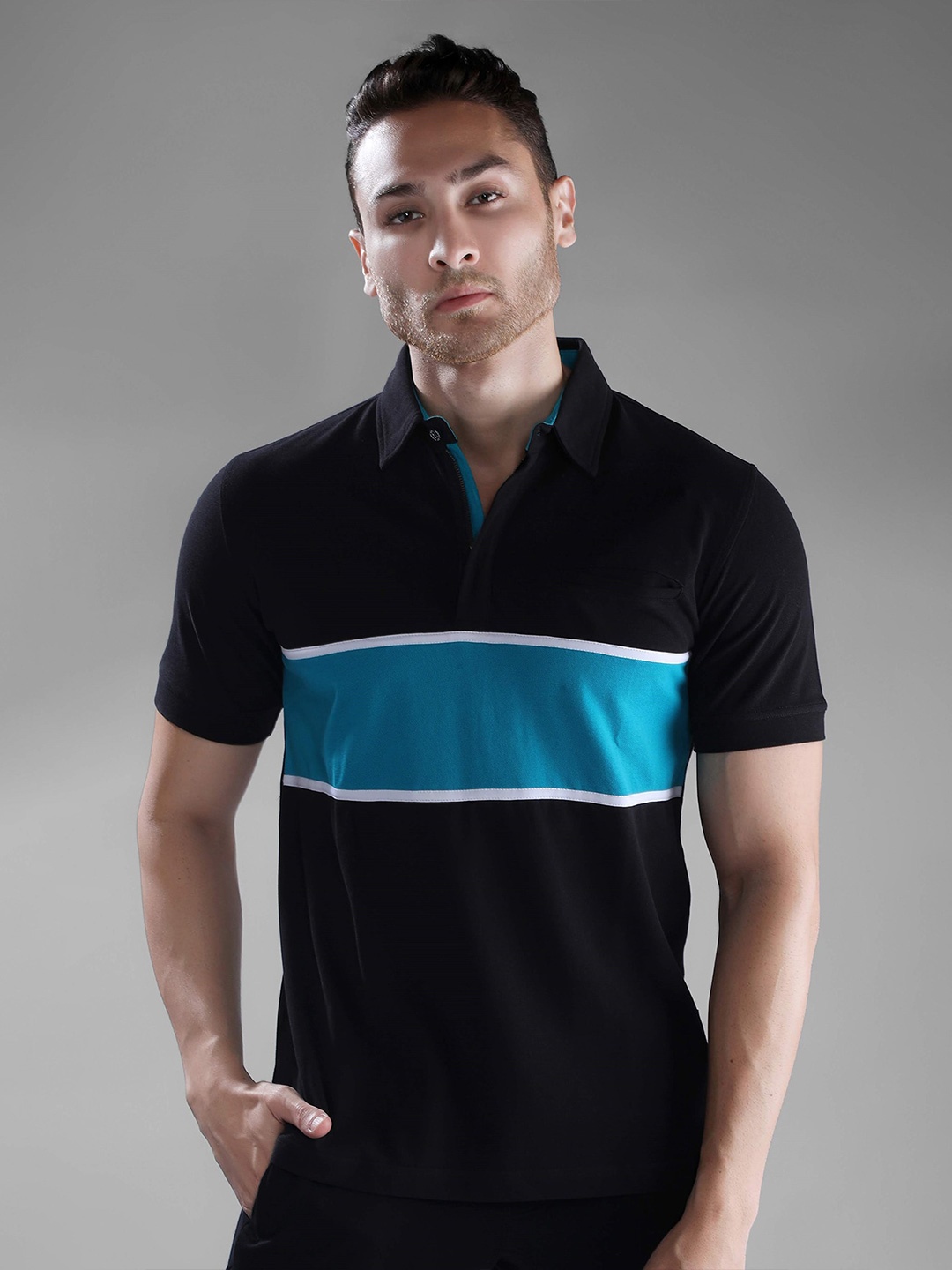 

Dream of Glory Inc Men Black & Blue Colourblocked Polo Collar T-shirt
