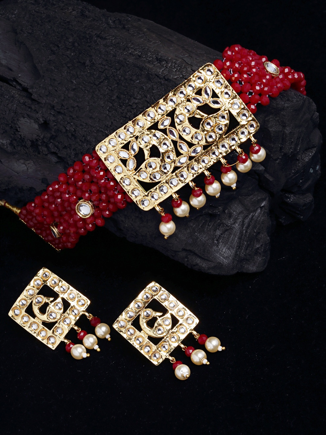

PANASH Gold-Plated Red & White Stone-Studded & Beaded Jewellery Set