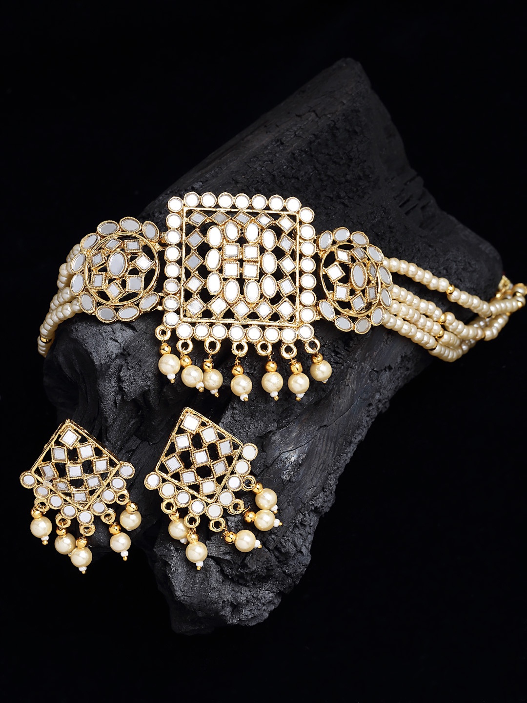 

PANASH Gold-Plated Beaded & Mirror Studded Jewellery Set