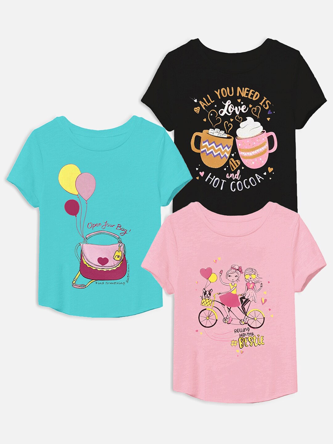 

Miss & Chief Girls Black & Pink Printed 3 Printed T-shirt