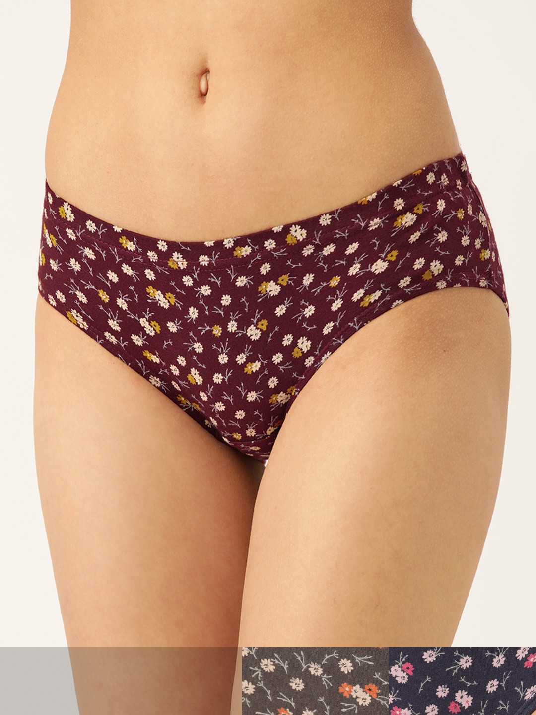 

Lady Lyka Women Pack of 3 Cotton Ditsy Floral Print Hipster Briefs ROSSEAT-26, Burgundy