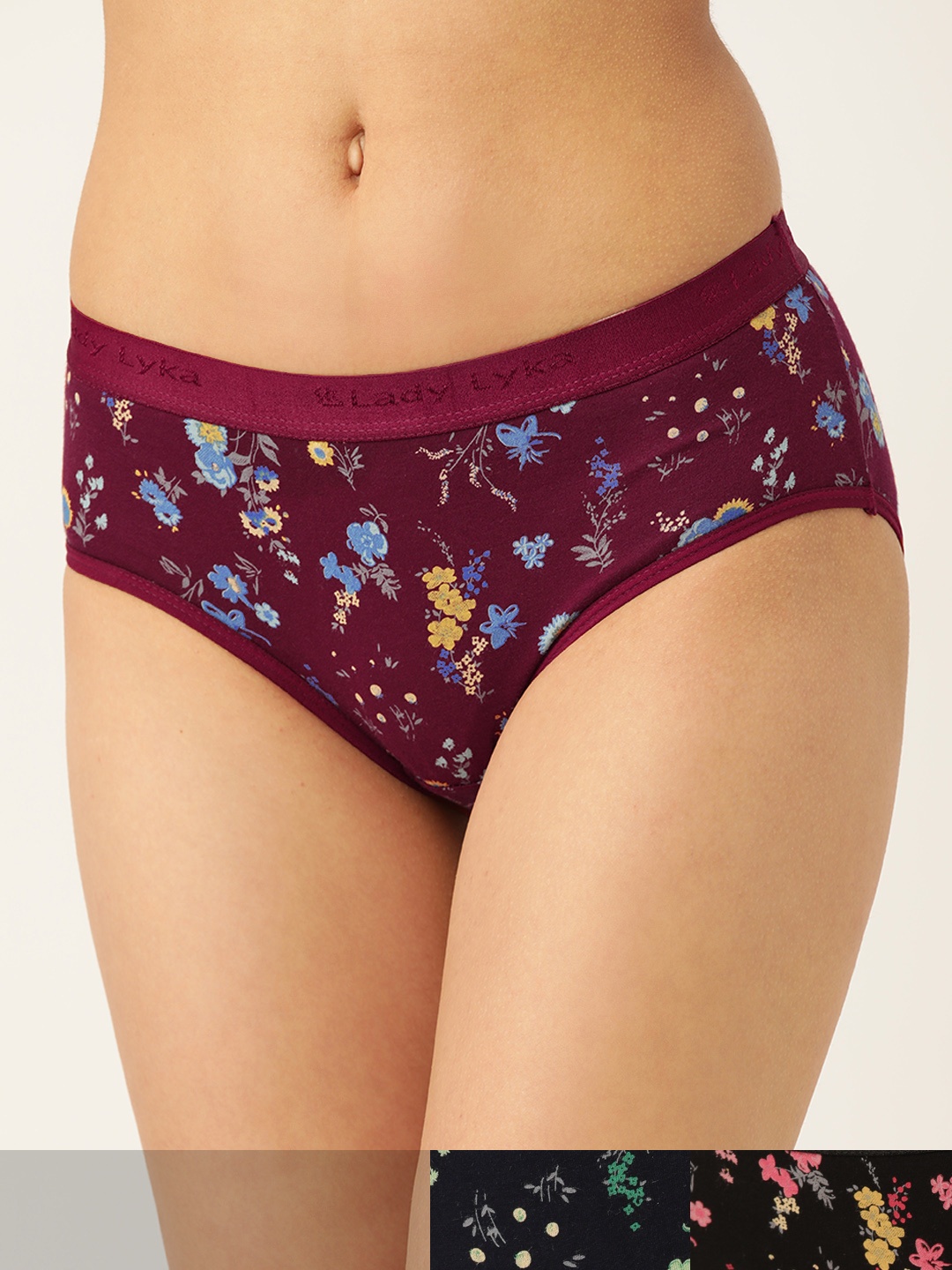 

Lady Lyka Women Pack of 3 Cotton Floral Print Hipster Briefs HERITAGE-1, Burgundy