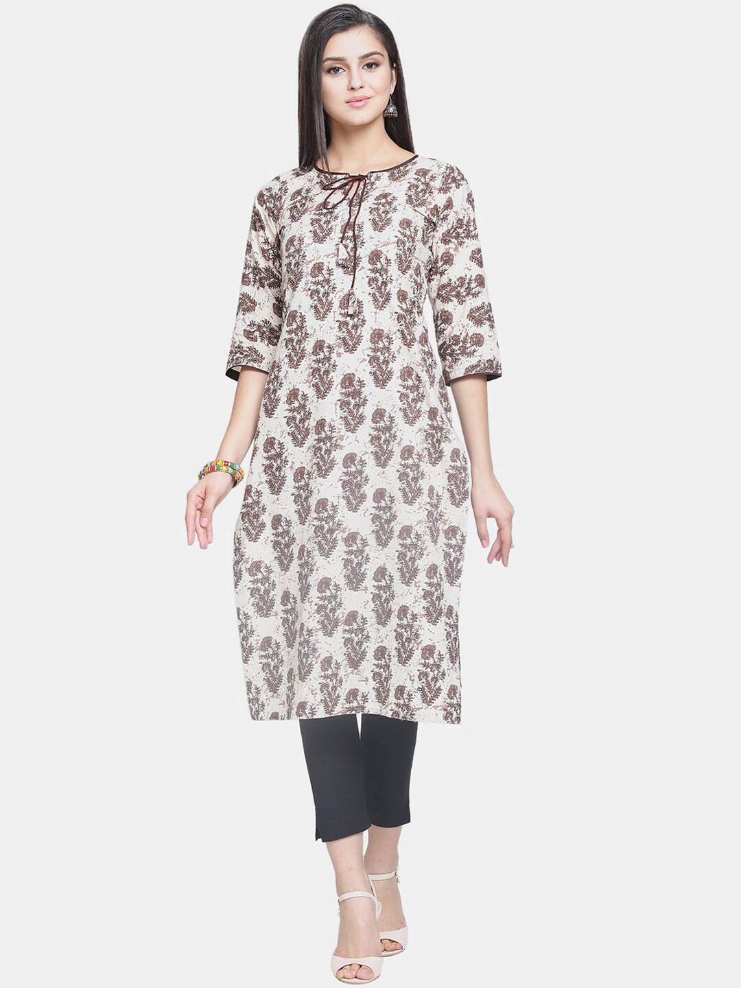 

Enchanted Drapes Women White & Brown Ethnic Motifs Printed Kurta