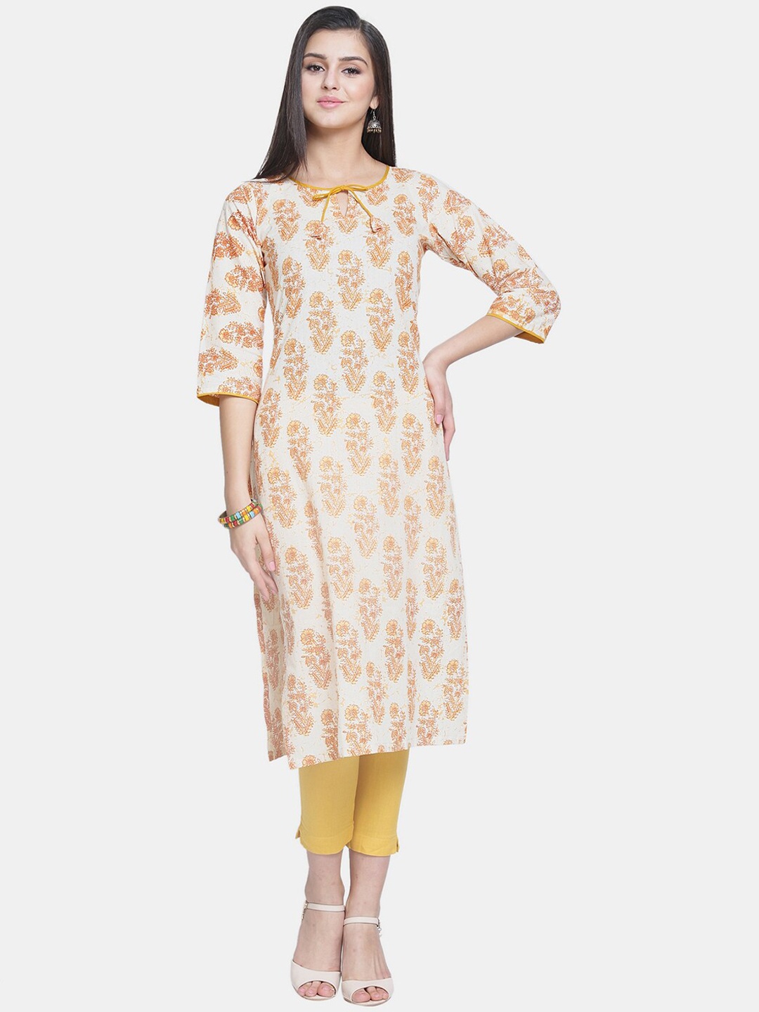 

Enchanted Drapes Women Beige Ethnic Motifs Printed Keyhole Neck Cotton Kurta