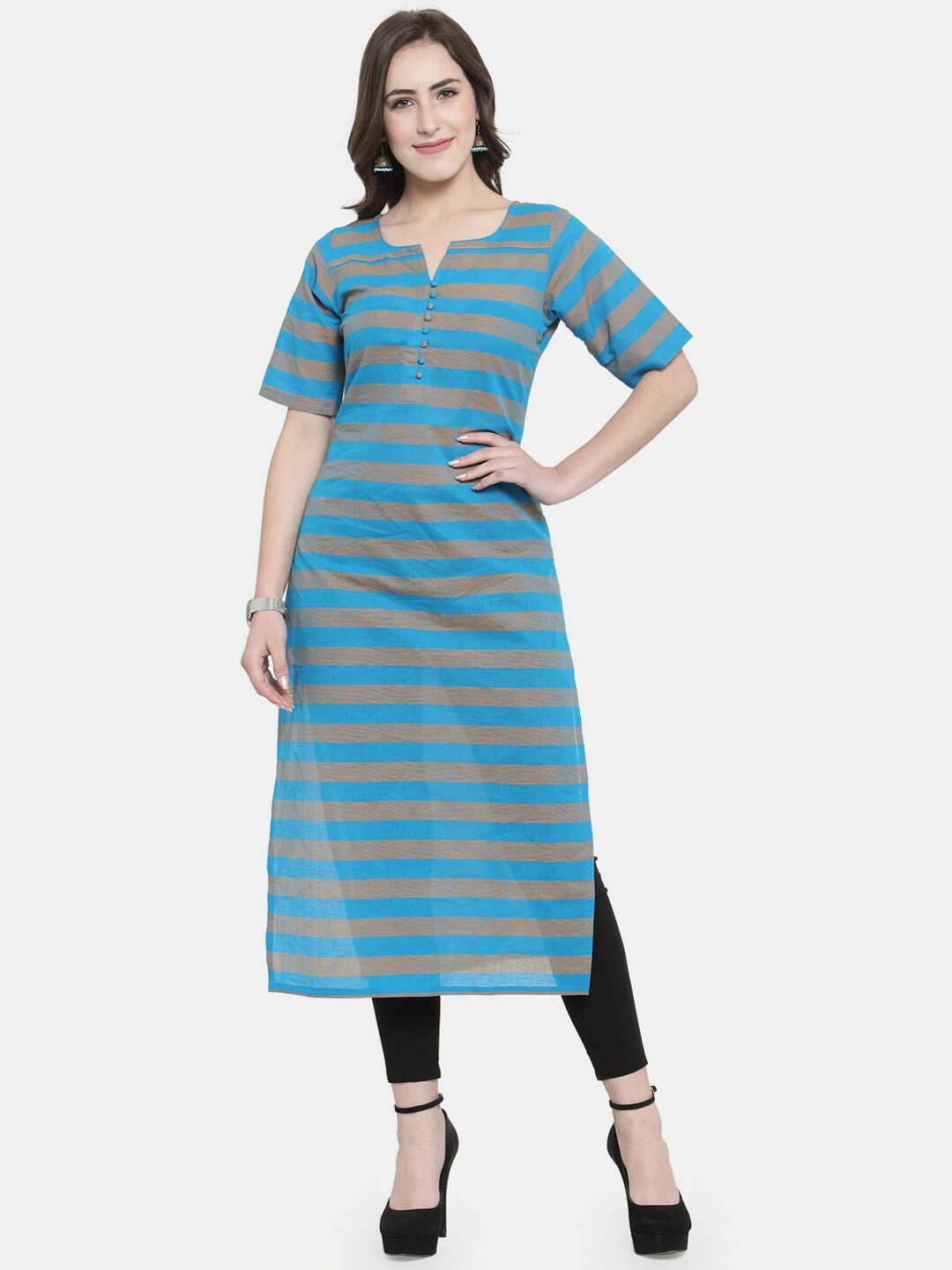 

Enchanted Drapes Women Blue Striped Cotton Kurta