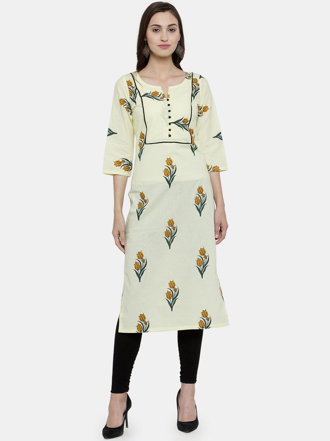 

Enchanted Drapes Women Yellow Printed Flared Sleeves Thread Work Kurta