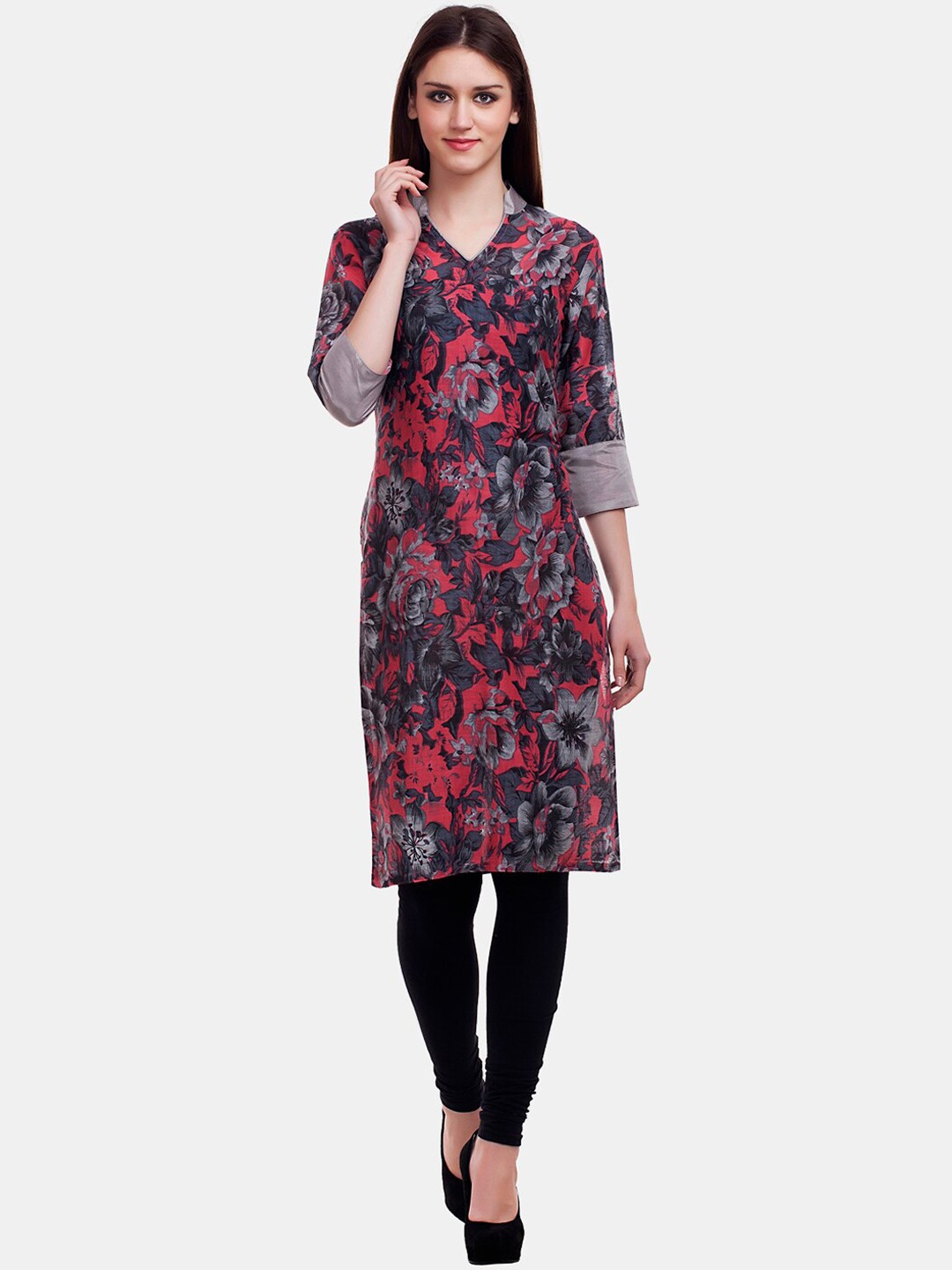 

Enchanted Drapes Women Grey & Red Pure Cotton Floral Printed Kurta