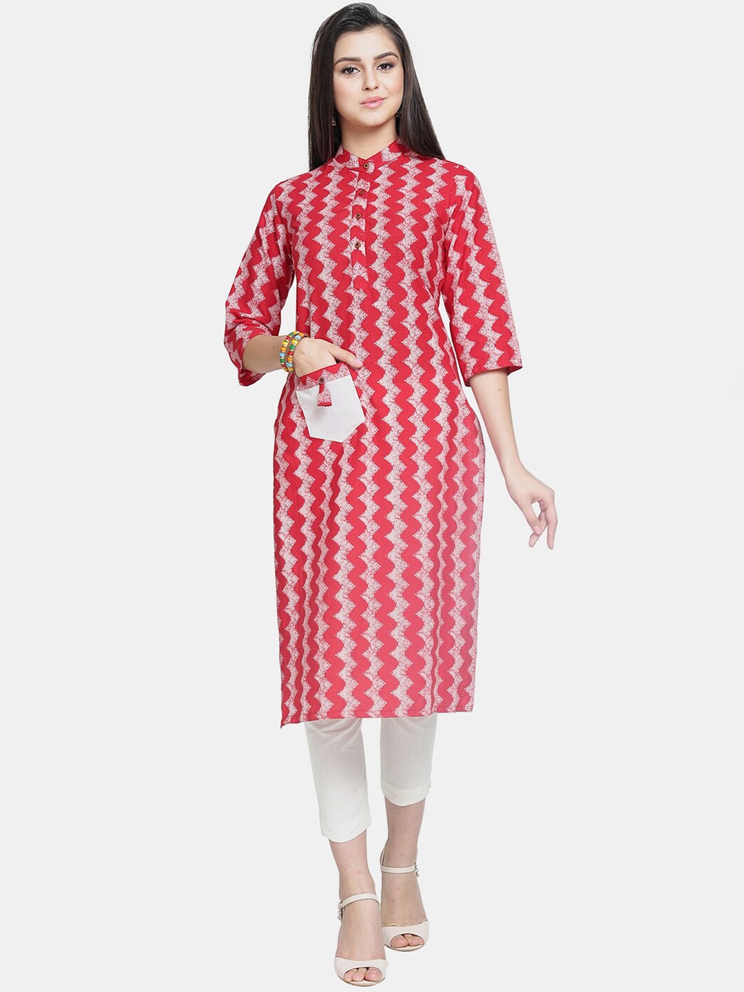 

Enchanted Drapes Women Red & White Chevron Printed Kurta
