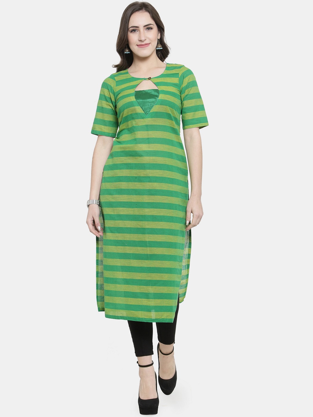 

Enchanted Drapes Women Green & greenbriar Striped Keyhole Neck Thread Work Kurta