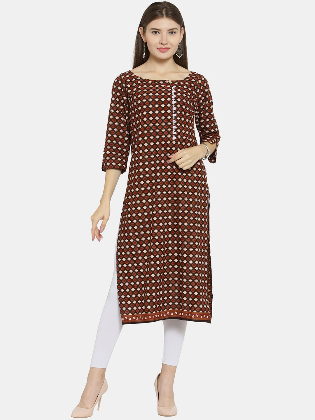 

Enchanted Drapes Women Brown & White Ethnic Motifs Printed Cotton Kurta