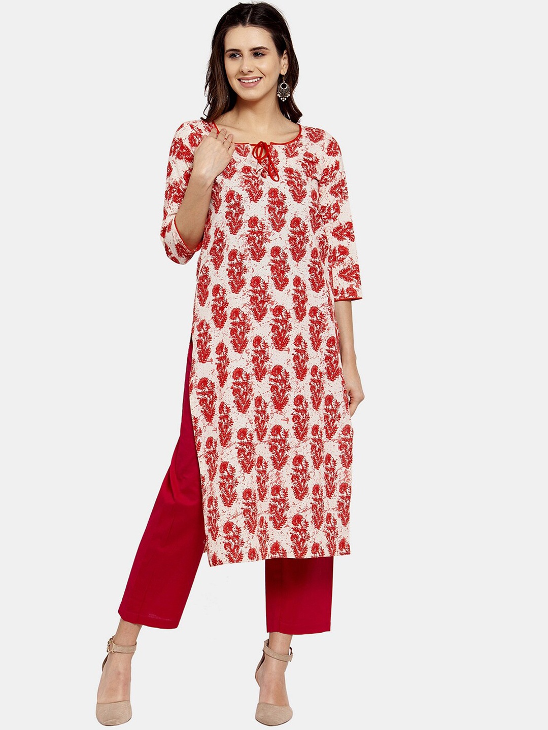 

Enchanted Drapes Women Maroon & White Ethnic Motifs Printed Cotton Kurta