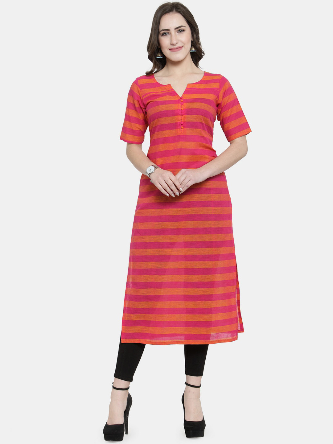 

Enchanted Drapes Women Pink & Orange Striped Straight Cotton Kurta