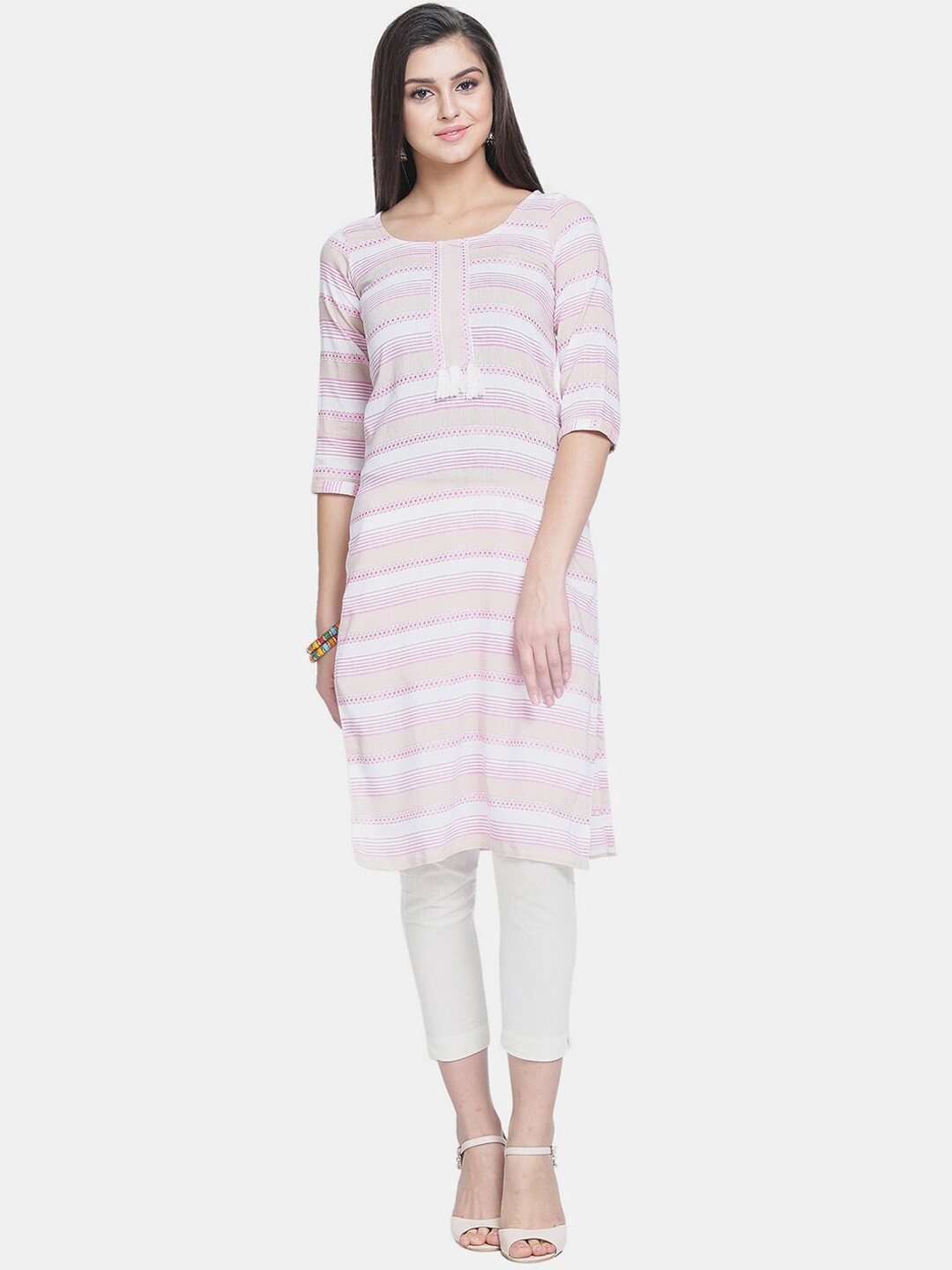 

Enchanted Drapes Women Cotton Pink Striped Straight Kurta