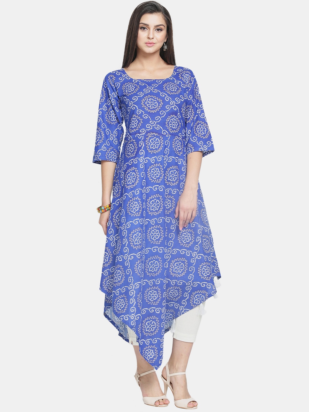 

Enchanted Drapes Women Blue Ethnic Motifs Printed Flared Sleeves Mirror Work Kurta