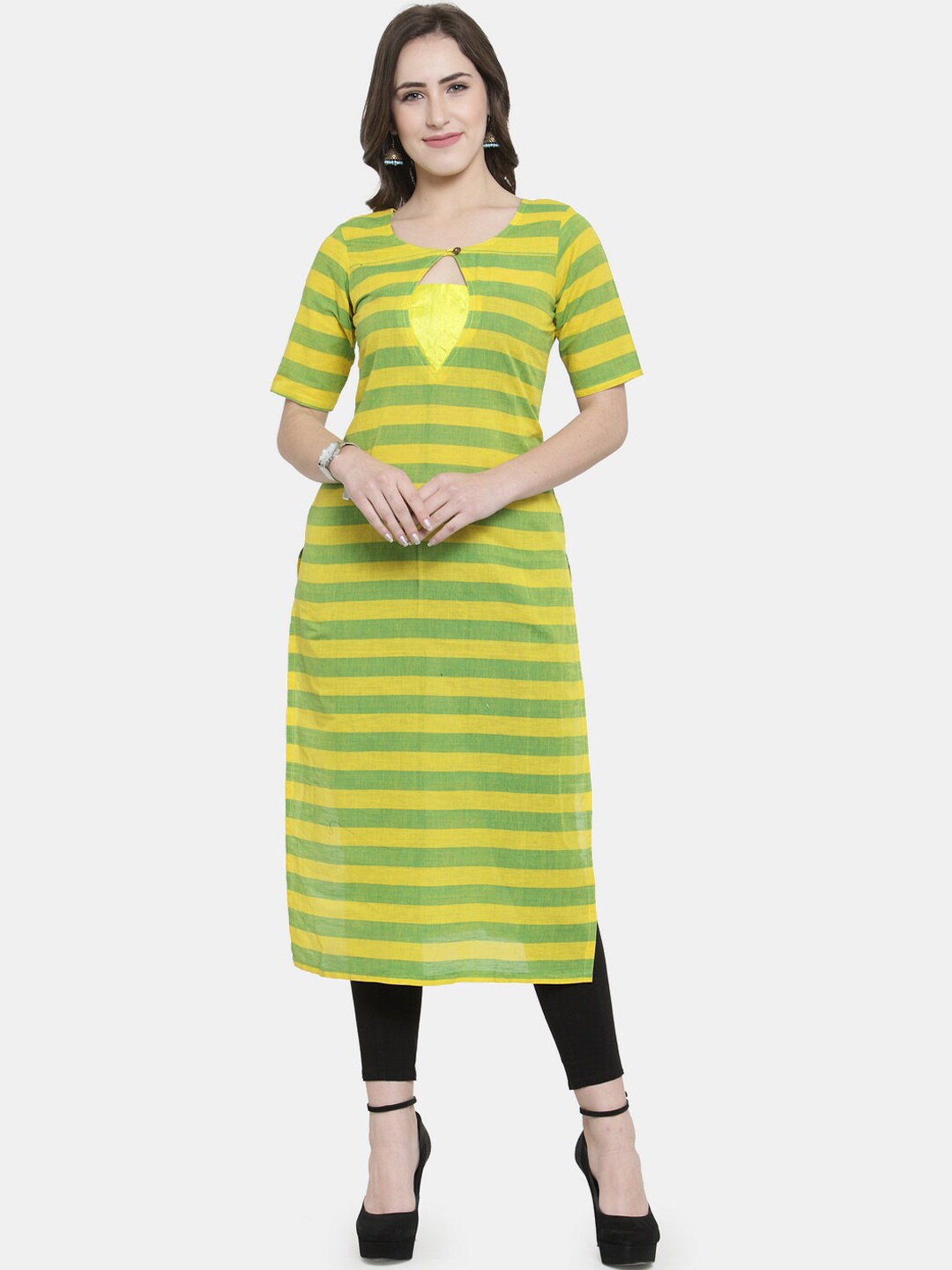 

Enchanted Drapes Women Yellow & Green Striped Cotton Kurta