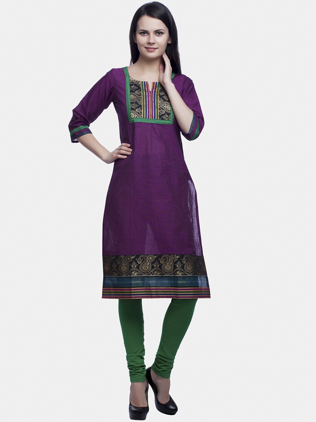 

Enchanted Drapes Women Purple & Green Ethnic Motifs Yoke Design Thread Work Kurta