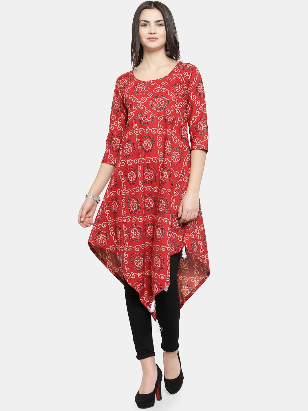 

Enchanted Drapes Women Cotton Red Bandhani Printed Asymmetric Kurta