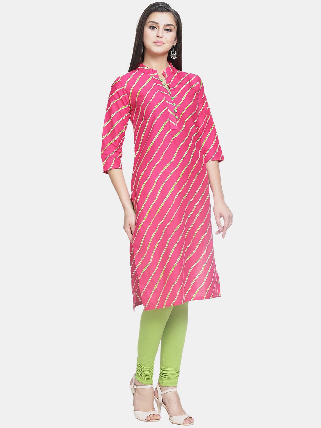 

Enchanted Drapes Women Pink Chevron Striped Mirror Work Kurta
