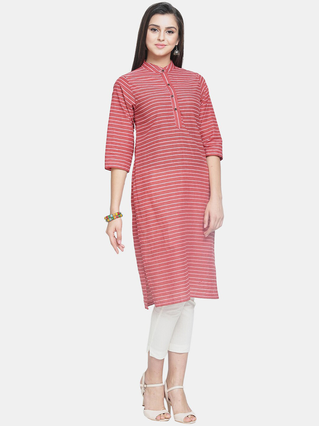 

Enchanted Drapes Women Red Striped Straight Kurta