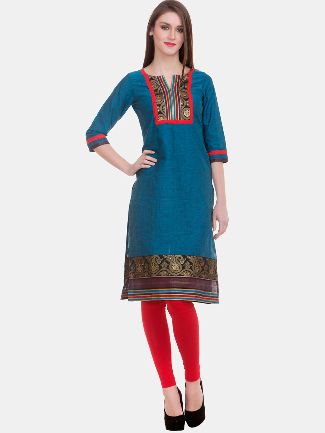 

Enchanted Drapes Women Blue Ethnic Motifs Yoke Design Cotton Kurta