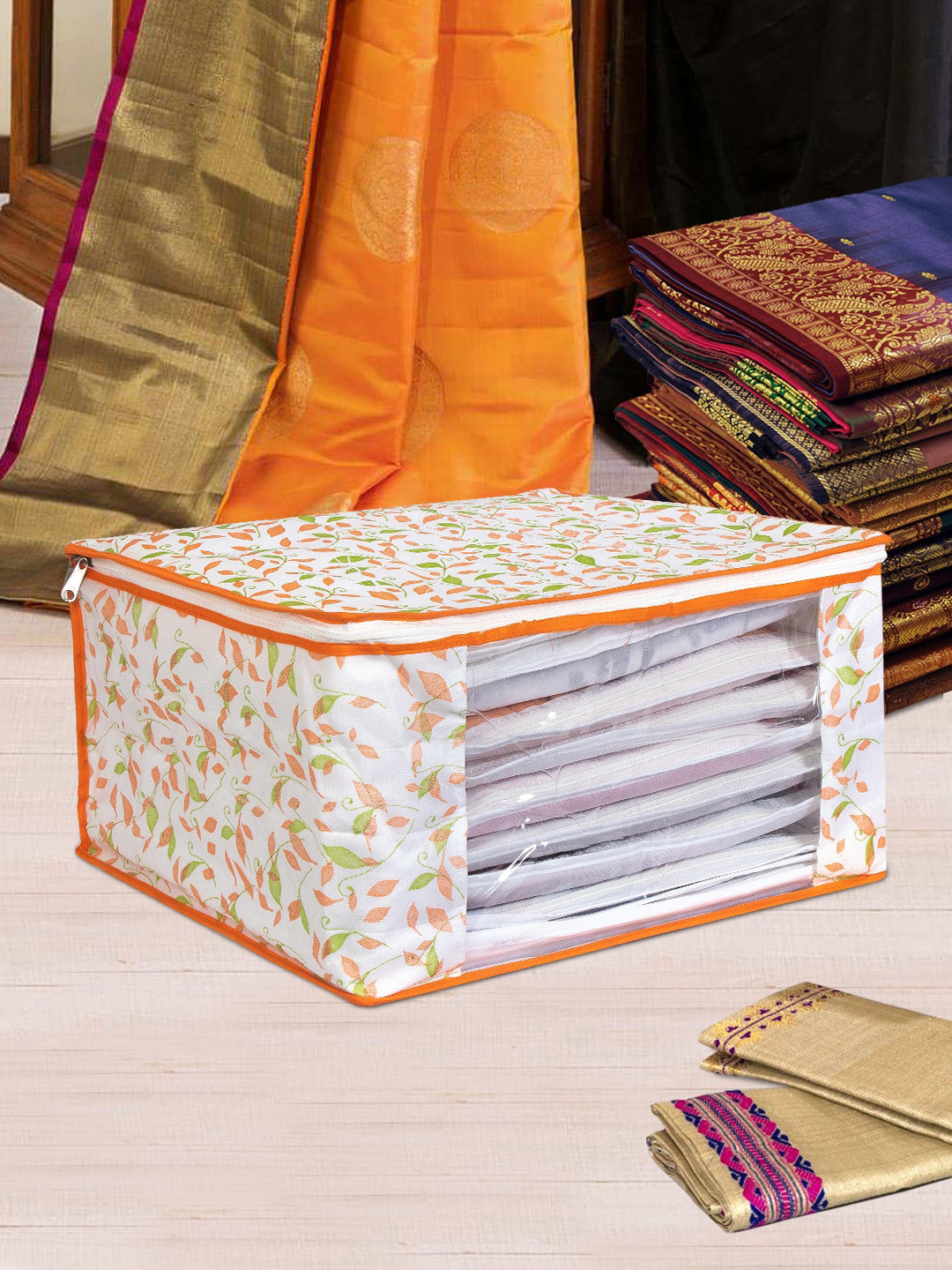 

prettykrafts White & Orange Floral Printed Saree Organiser