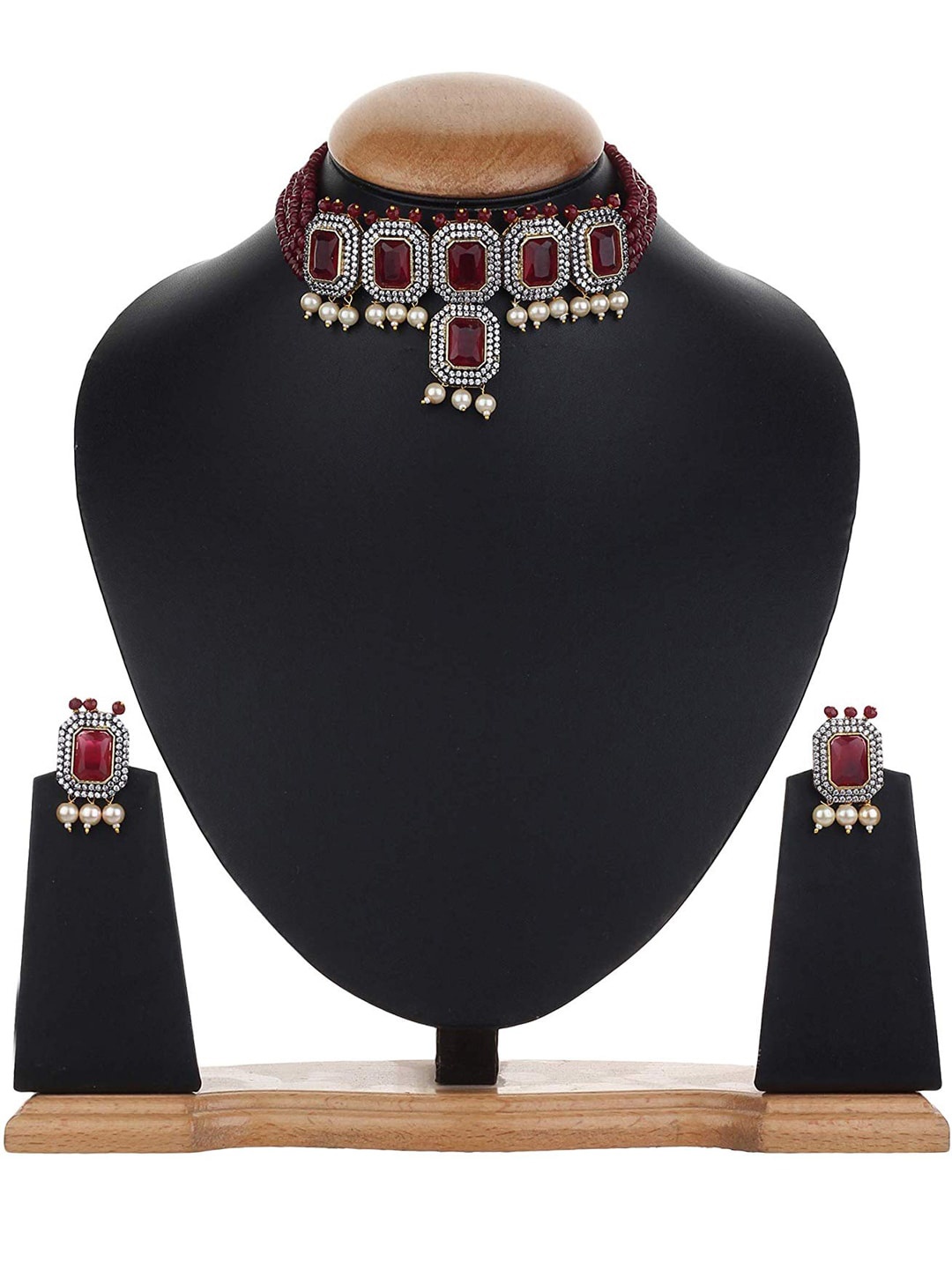 

Runjhun Gold-Plated Maroon & White CZ Stone Studded & Beaded Jewellery Set