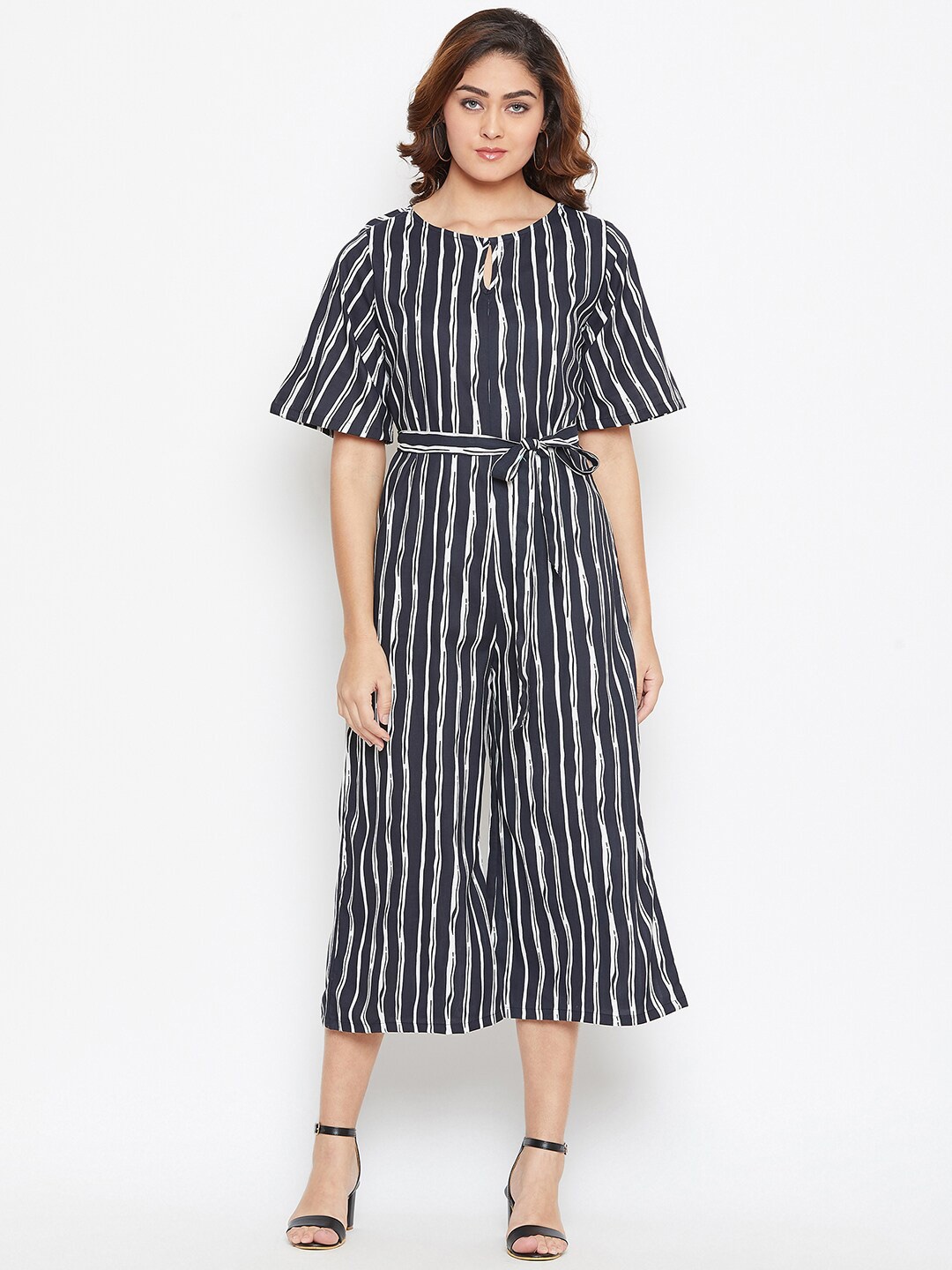 

Bitterlime Women Black Striped Crop Printed Jumpsuit