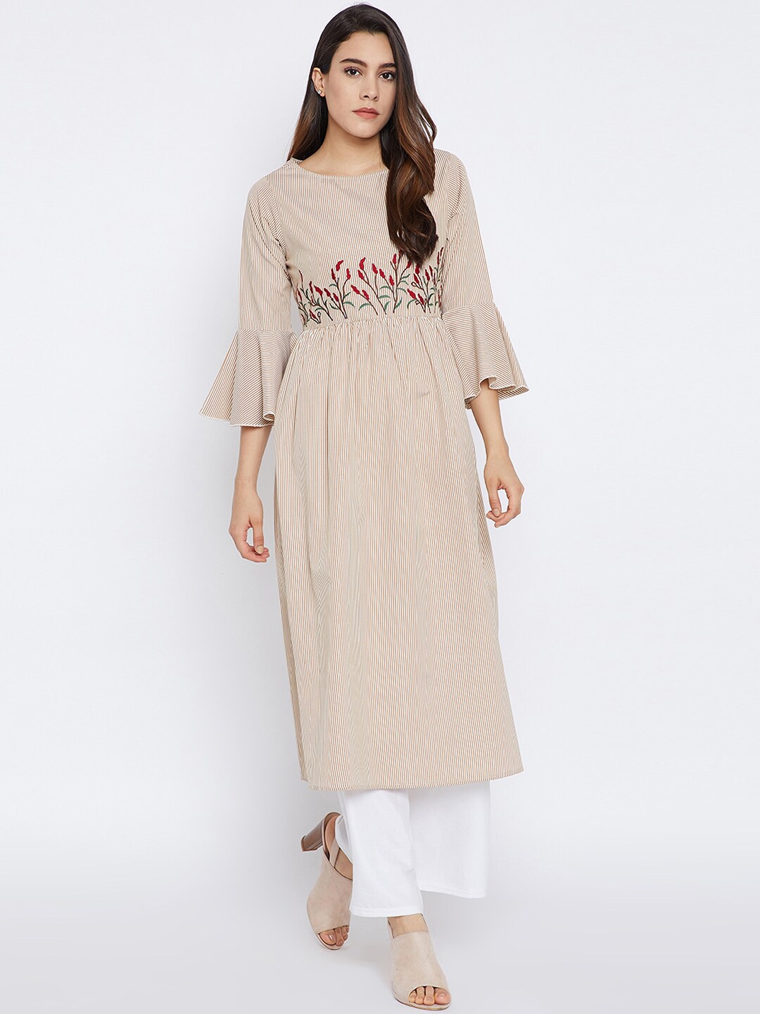 

Bitterlime Women Beige & Red Striped A-line Kurta