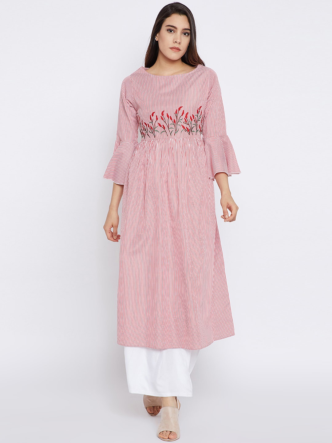 

Bitterlime Women Red & White Striped Cotton Kurta