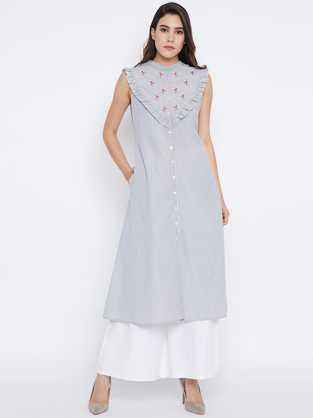 

Bitterlime Women Grey & White Striped Embroidered Detail Kurta