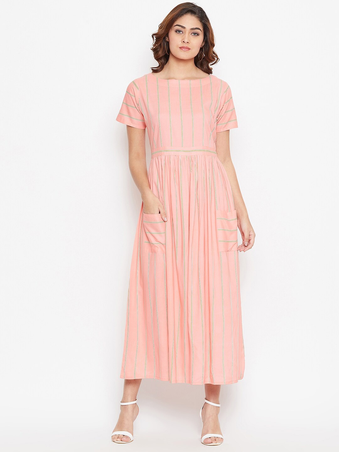 

Bitterlime Peach-Coloured Striped Midi Dress