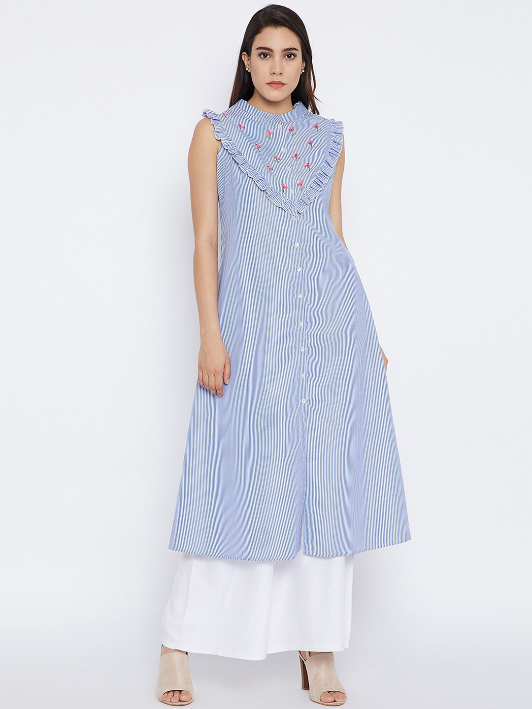 

Bitterlime Women Blue Striped Embroidered Kurta