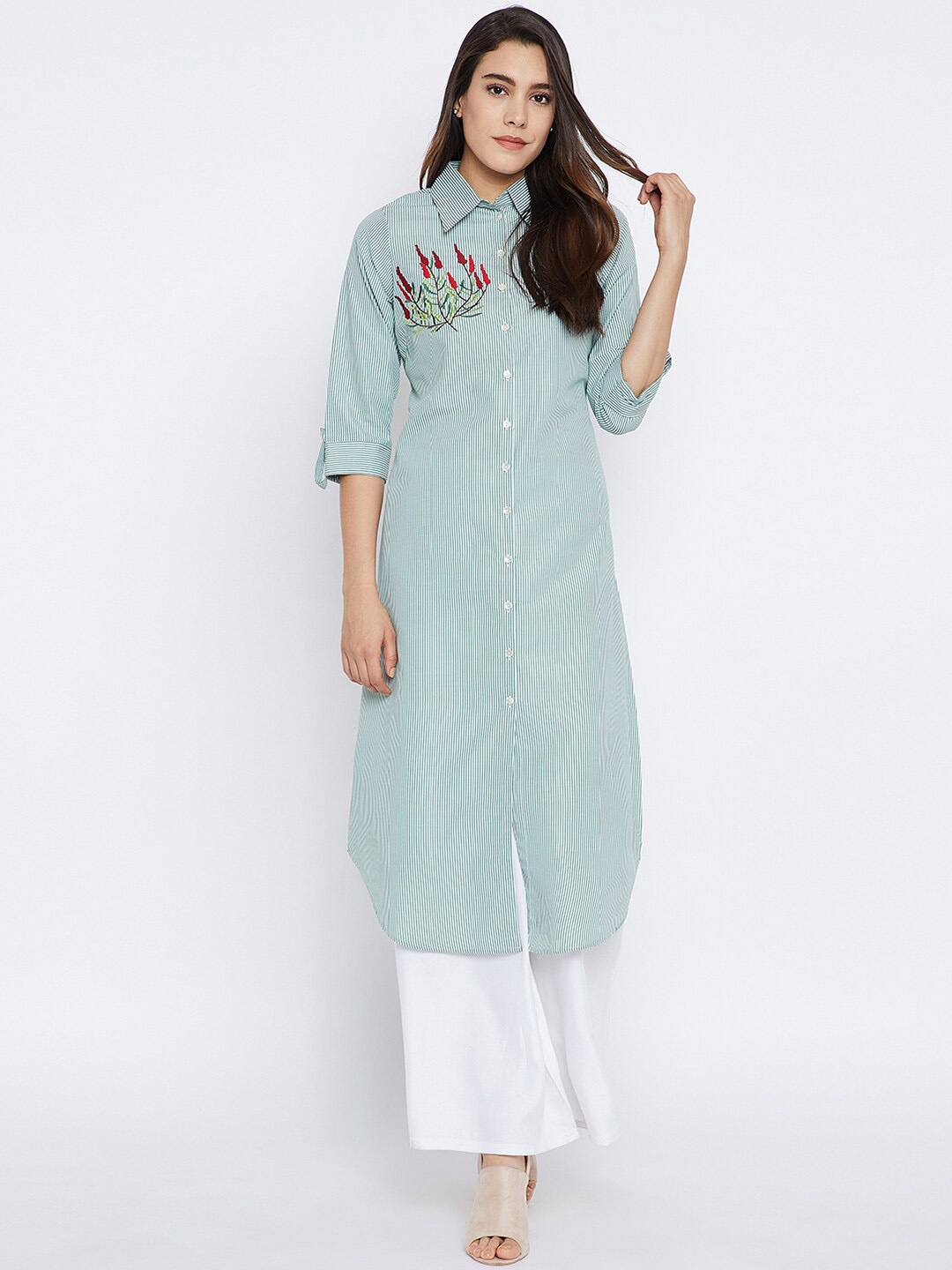 

Bitterlime Women Green Embroidered Thread Work Pathani Kurta