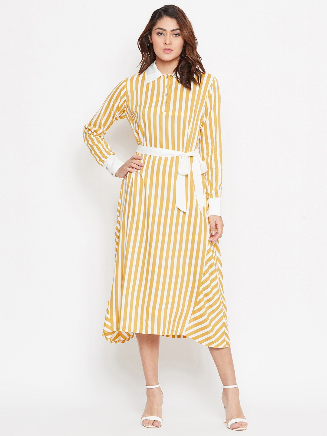 

Bitterlime Yellow & White Striped Shirt Midi Dress With Waist Belt