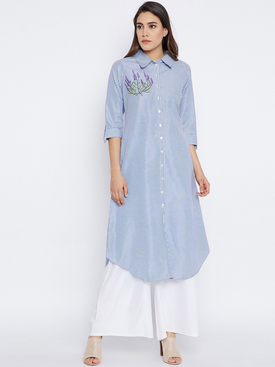 

Bitterlime Women Blue & White Striped Thread Work Cotton Pathani Kurta