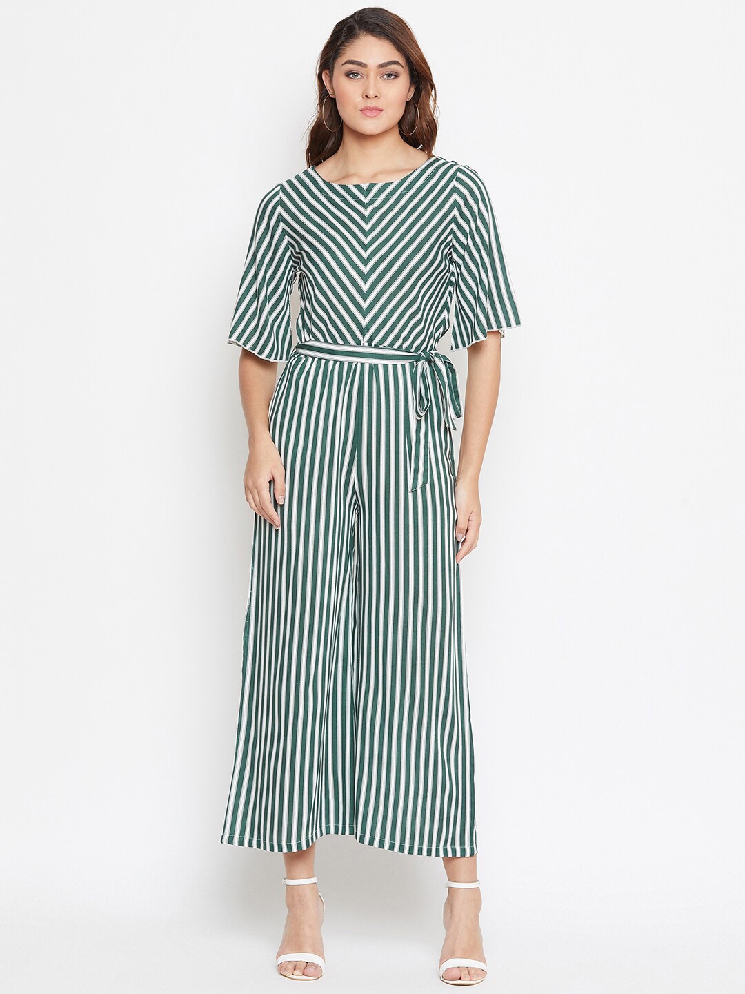 

Bitterlime Olive Green & White Striped Basic Jumpsuit