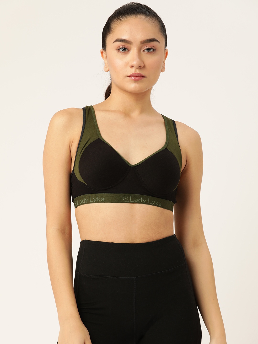 

Lady Lyka Black & Olive Green Cotton Bra-Full Coverage Non-Wired Lightly Padded