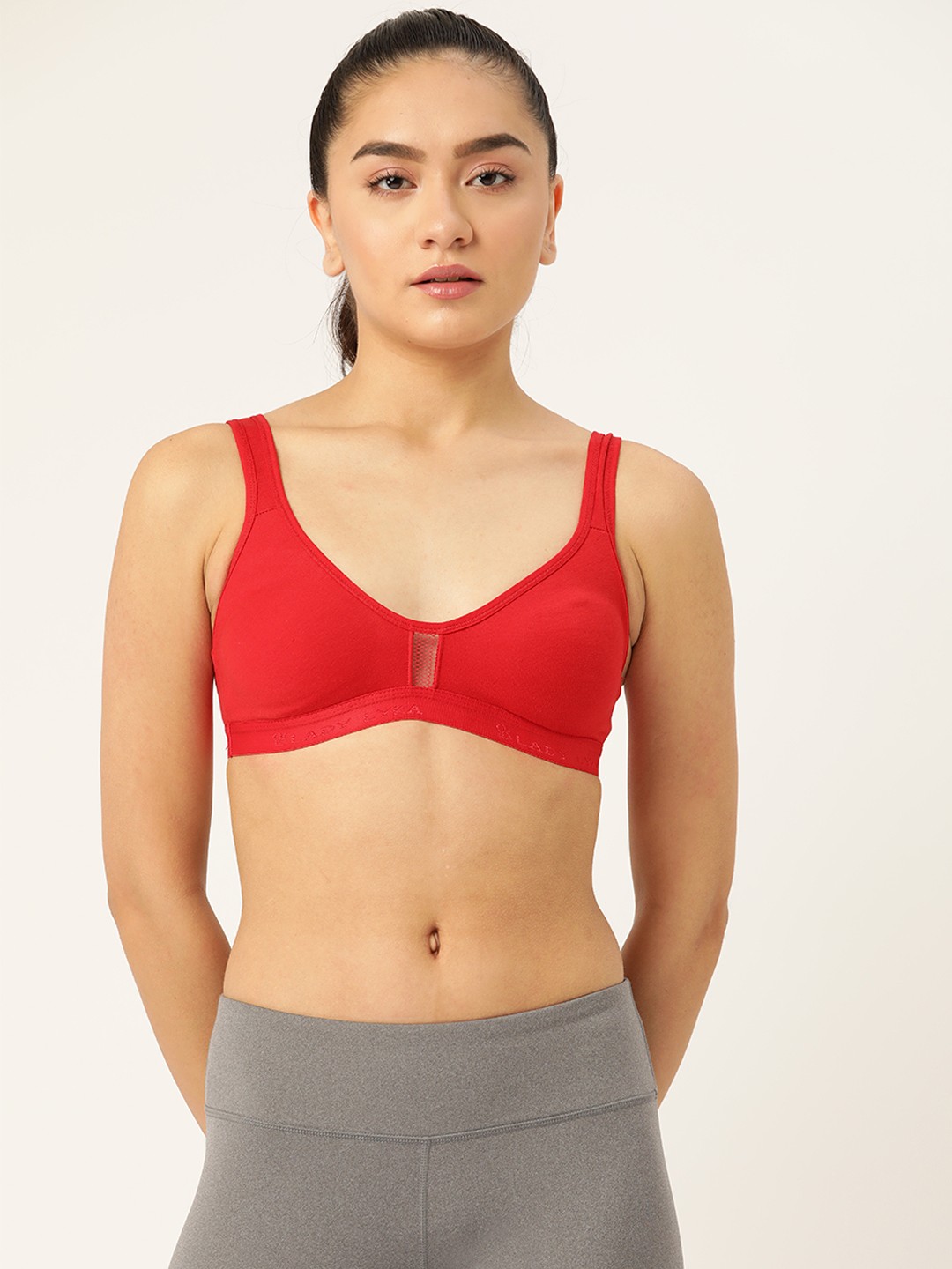 

Lady Lyka Red Solid Cotton Workout Bra-Full Coverage Non-Wired Non Padded