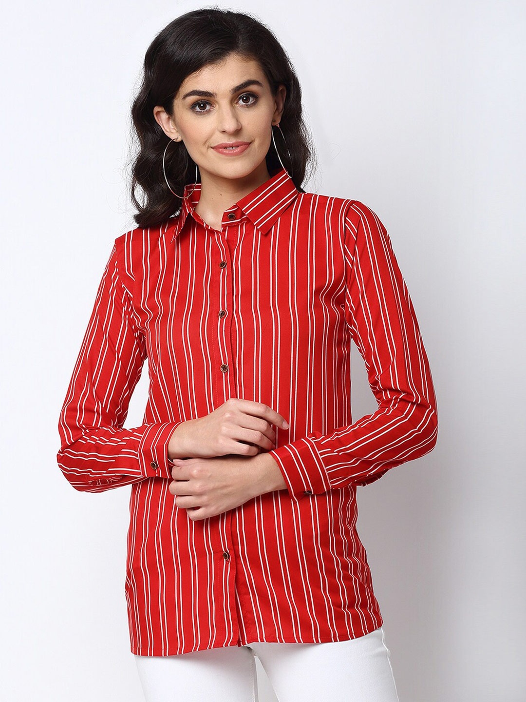 

Enchanted Drapes Women Red Opaque Striped Casual Shirt