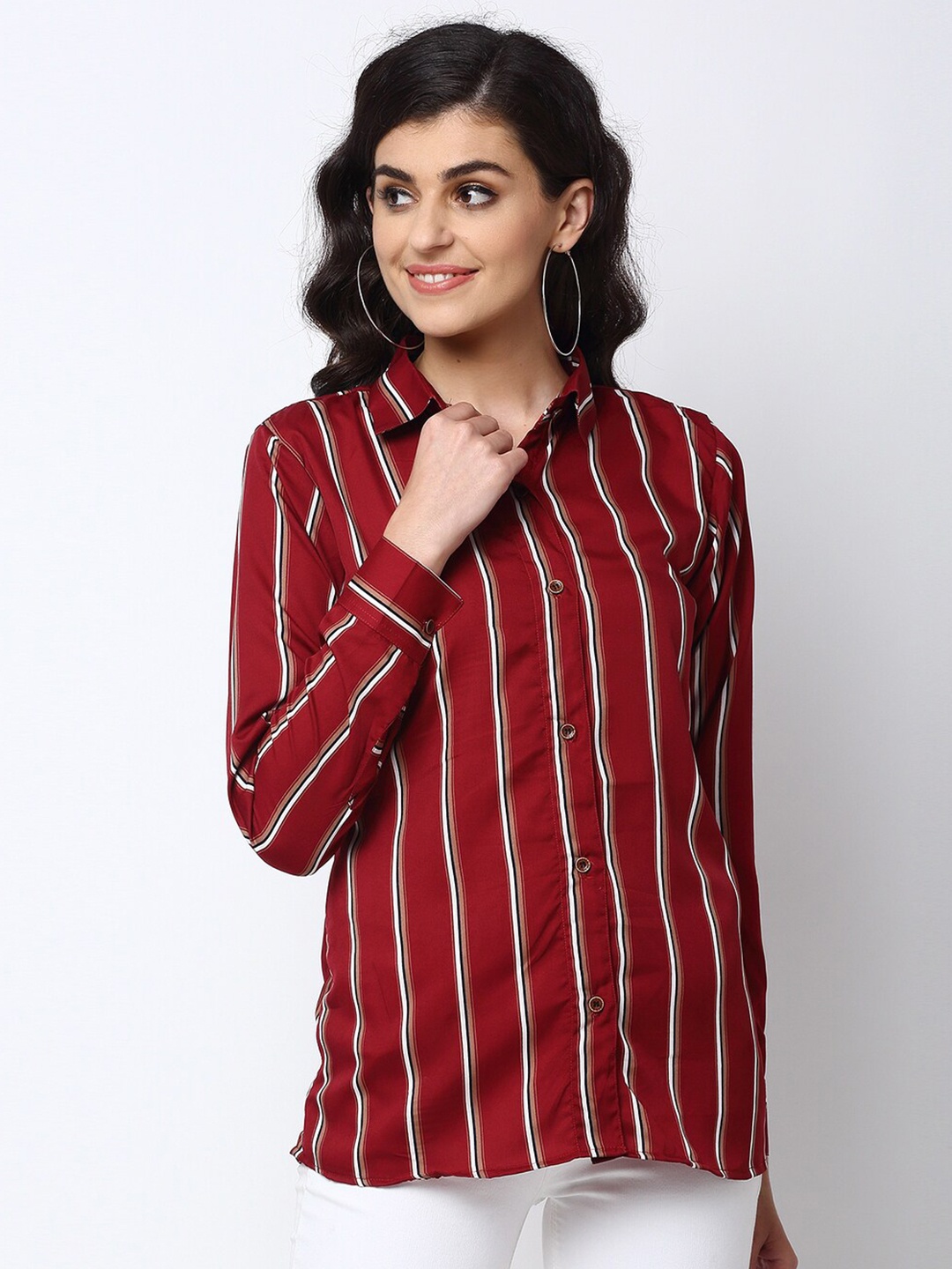 

Enchanted Drapes Women Maroon Opaque Striped Casual Shirt