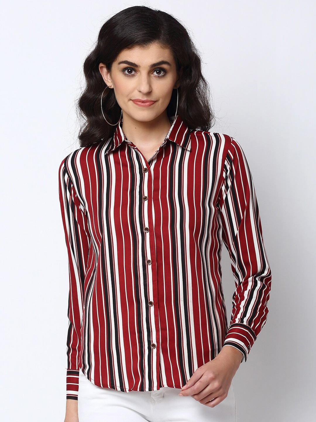 

Enchanted Drapes Women Red & Black Striped Crepe Casual Shirt