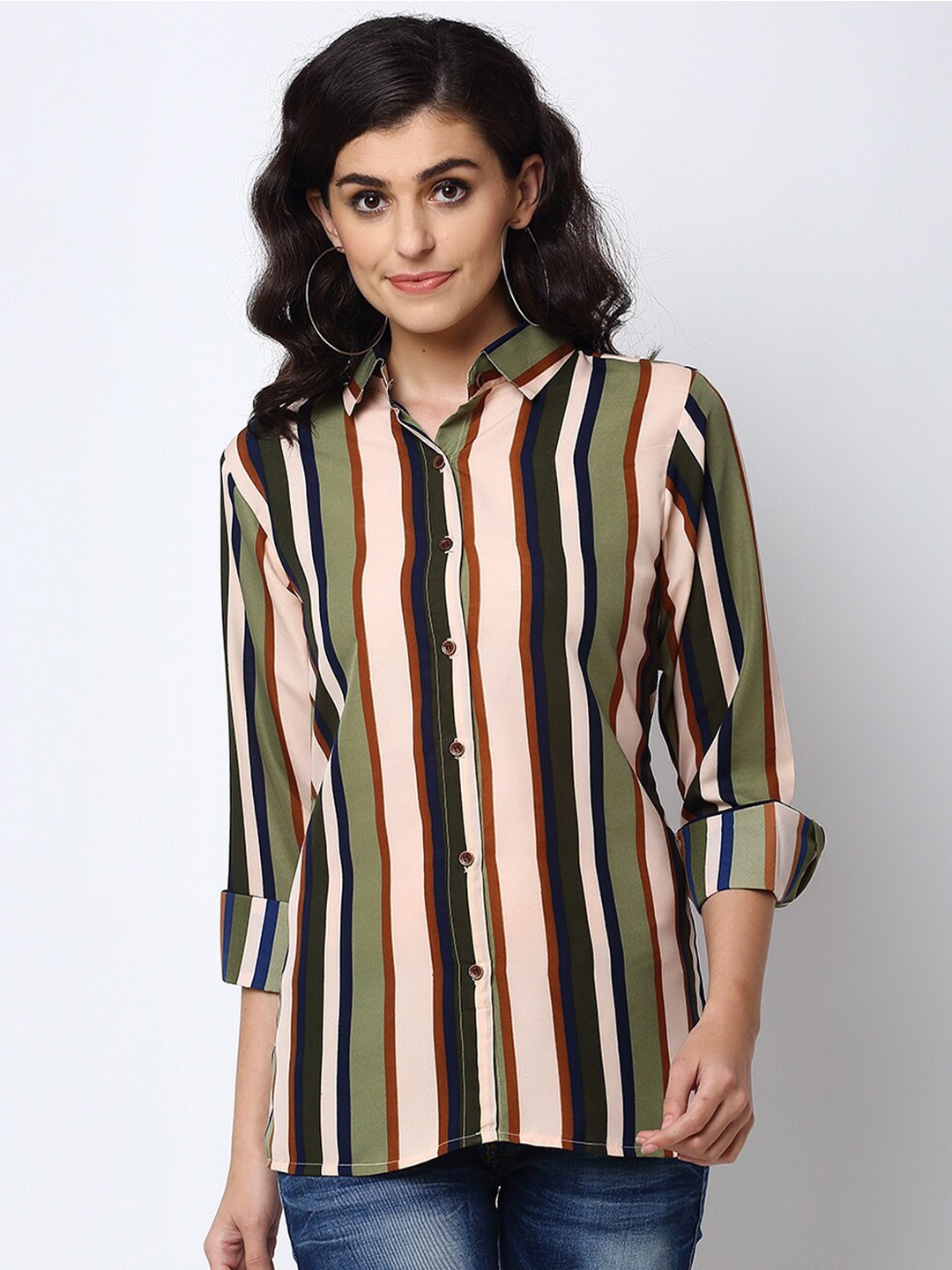 

Enchanted Drapes Women Beige & Olive Green Striped Casual Shirt