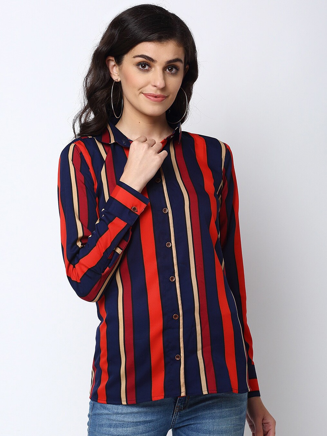 

Enchanted Drapes Women Red Striped Casual Shirt