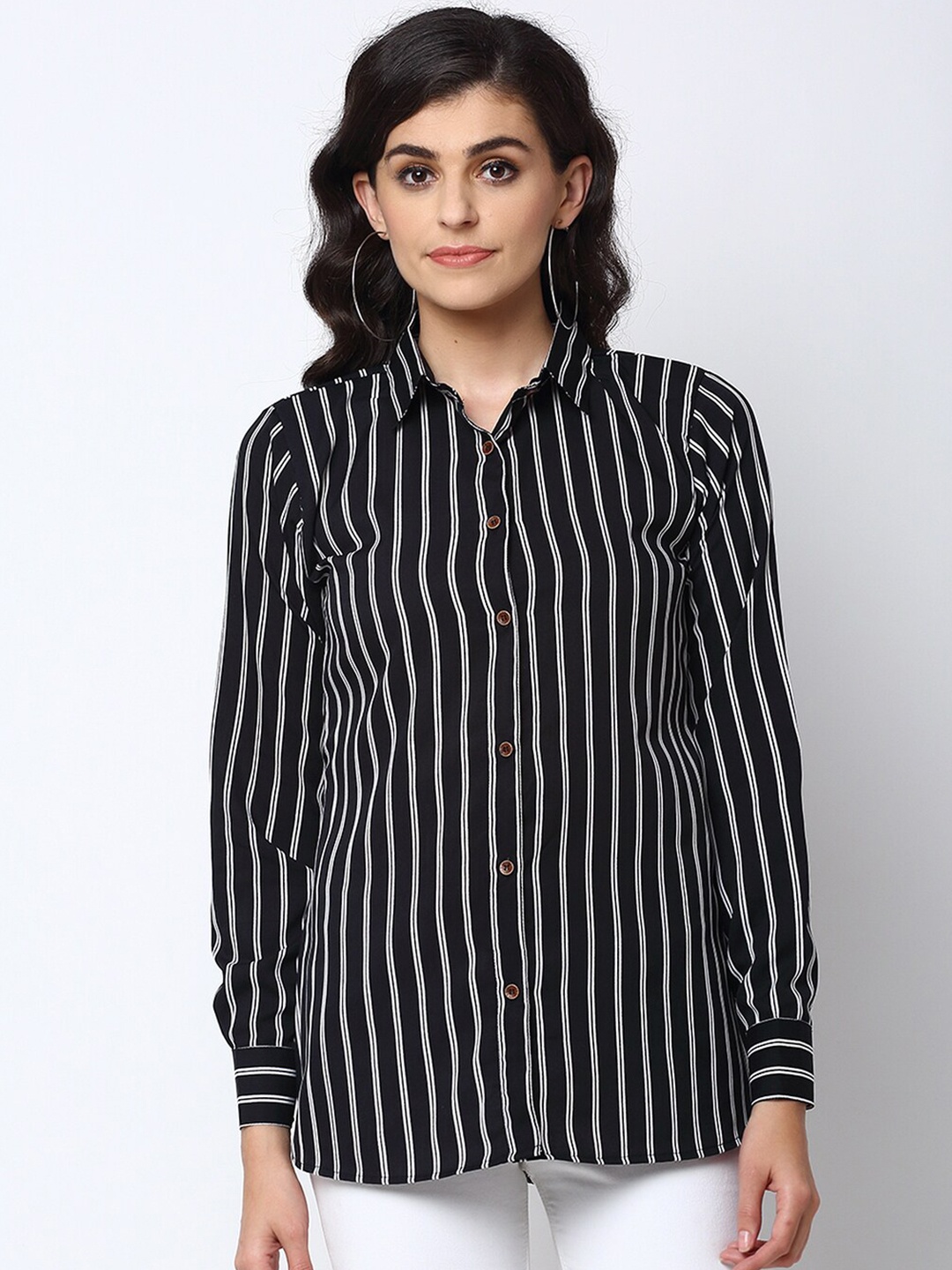 

Enchanted Drapes Women Black Striped Casual Shirt